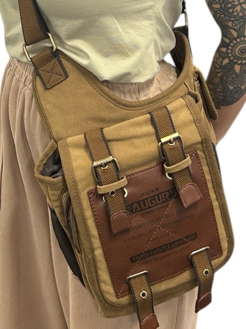 Augur Canvas Utility Crossbody Bag Tan Brown Multi Pocket Adjustable Strap - Picture 2 of 8